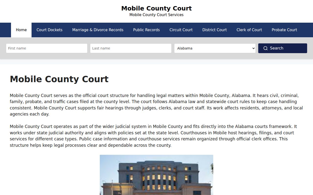 Mobile County court system website showing civil case search options