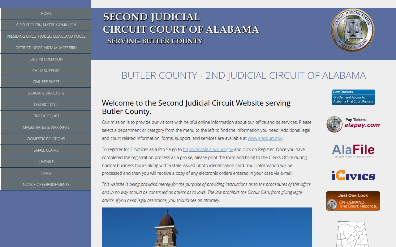 Butler County Circuit Court website showing civil court services and Alacourt access
