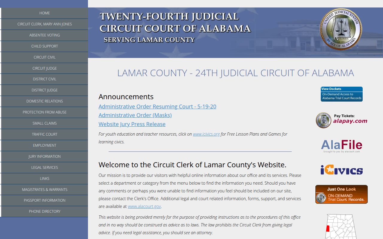 Lamar County Circuit Court and clerk office in Vernon Alabama