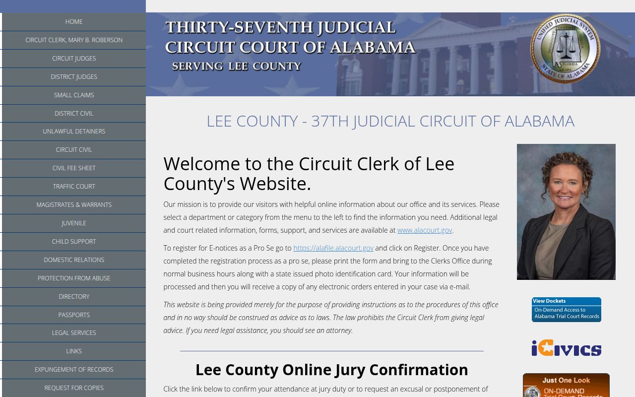Lee County Circuit Court website showing civil court services and Alacourt access