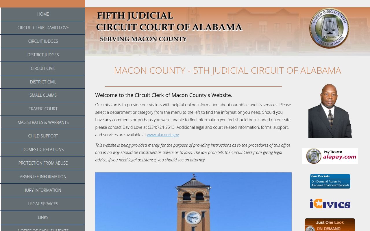 Macon County Circuit Court website showing civil court services and Alacourt access