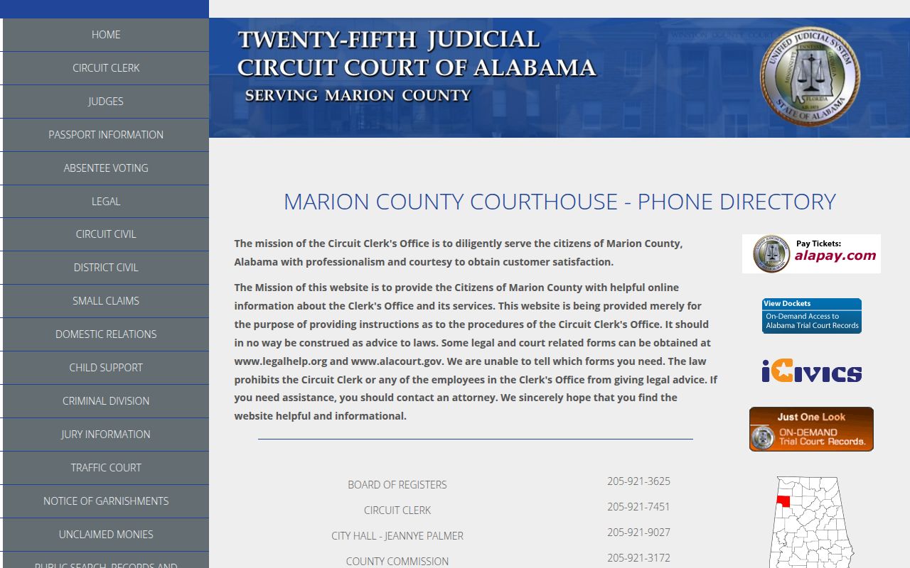 Marion County Circuit Court search portal and case lookup system in Hamilton Alabama