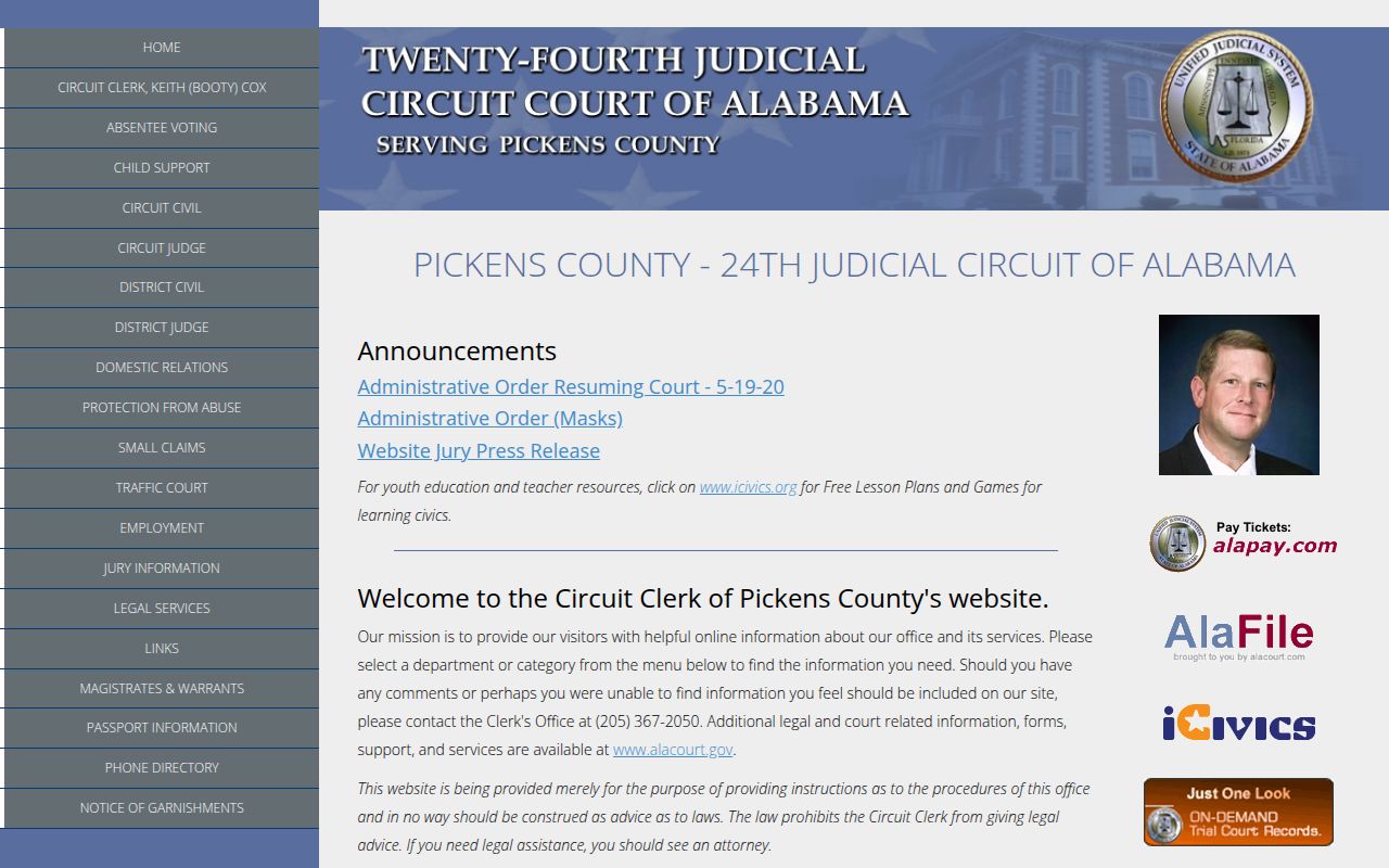Pickens County Circuit Court search portal for civil case records