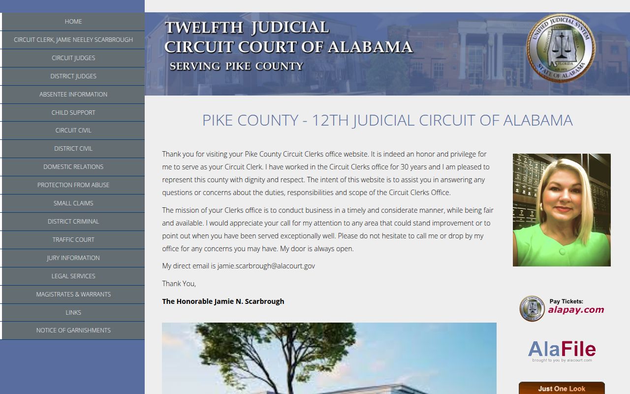 Pike County Circuit Court website showing civil court services and record access in Troy Alabama