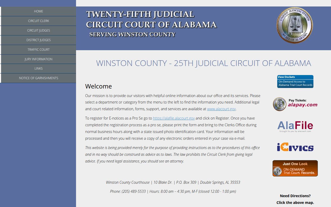 Winston County Circuit Court case search portal in Double Springs Alabama