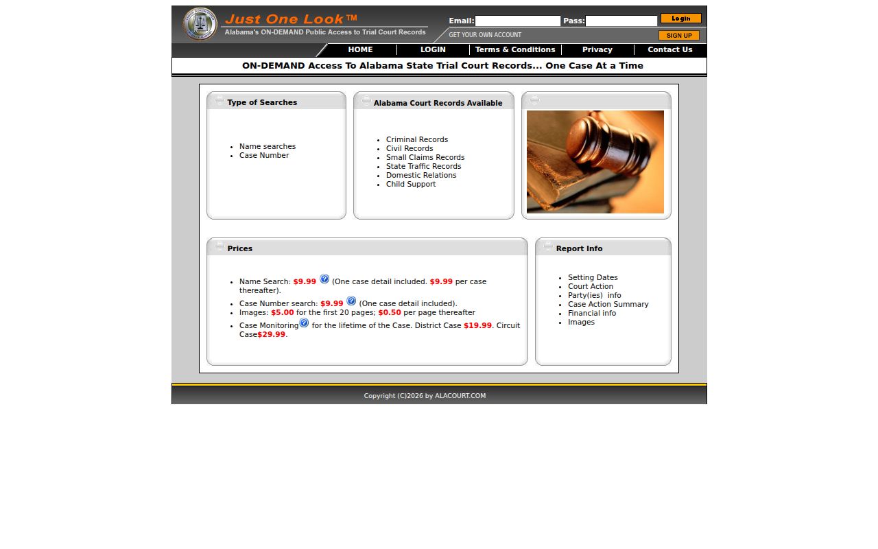 Alacourt Public Access portal search interface for Alabama civil court records