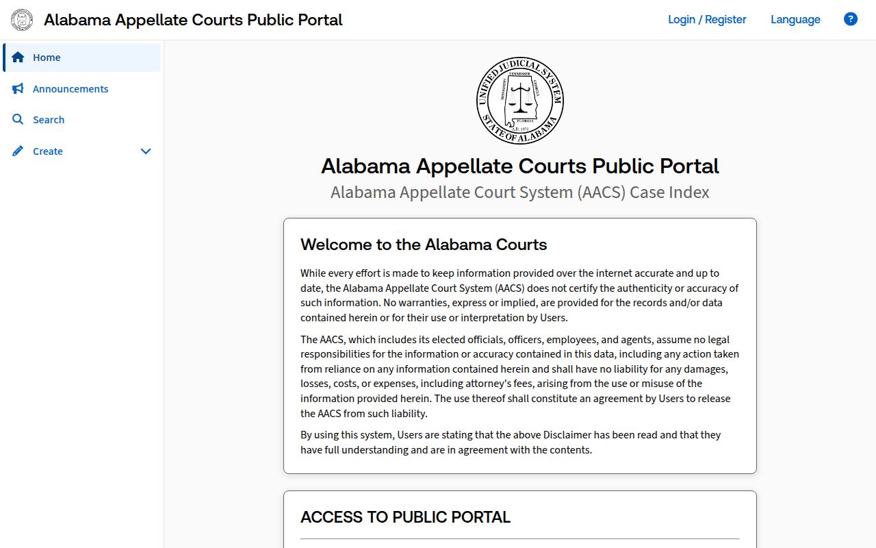 Alabama Appellate Courts Portal for searching civil appeals
