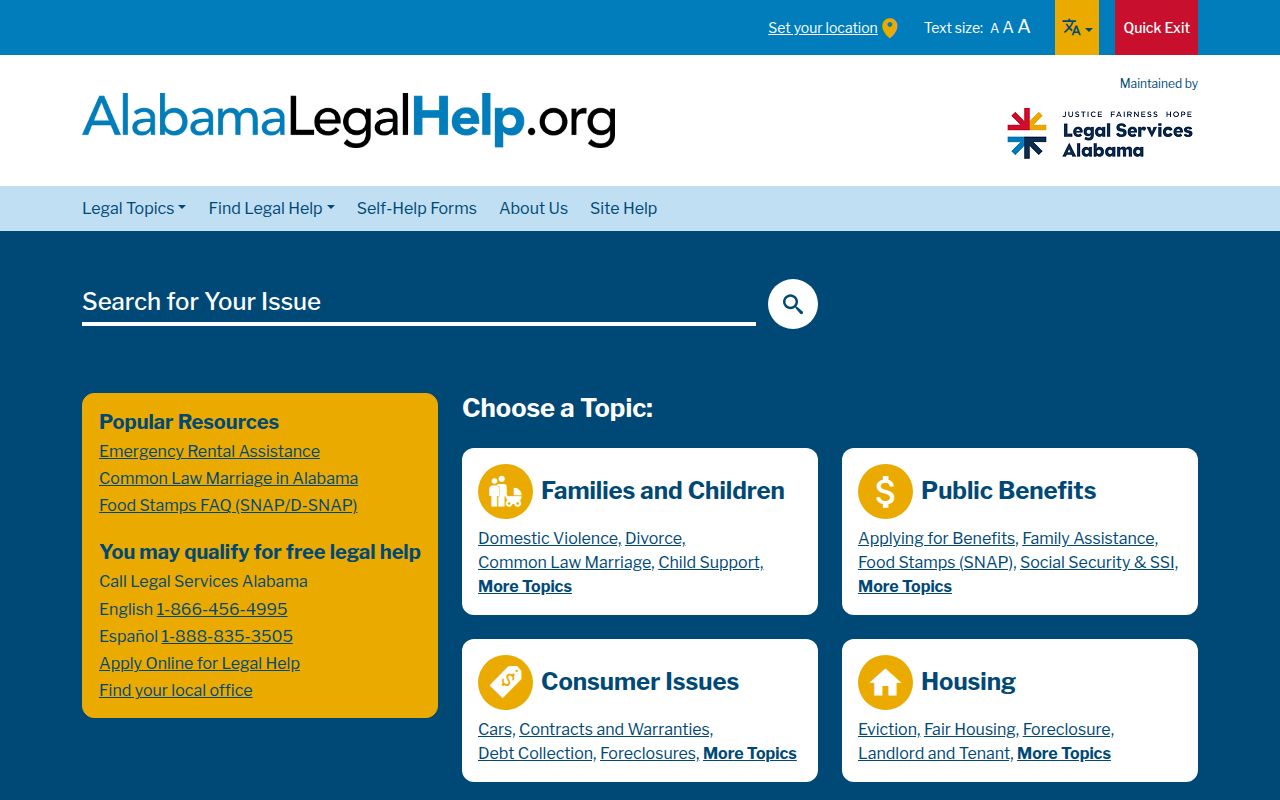 Alabama Legal Help self-help resources website